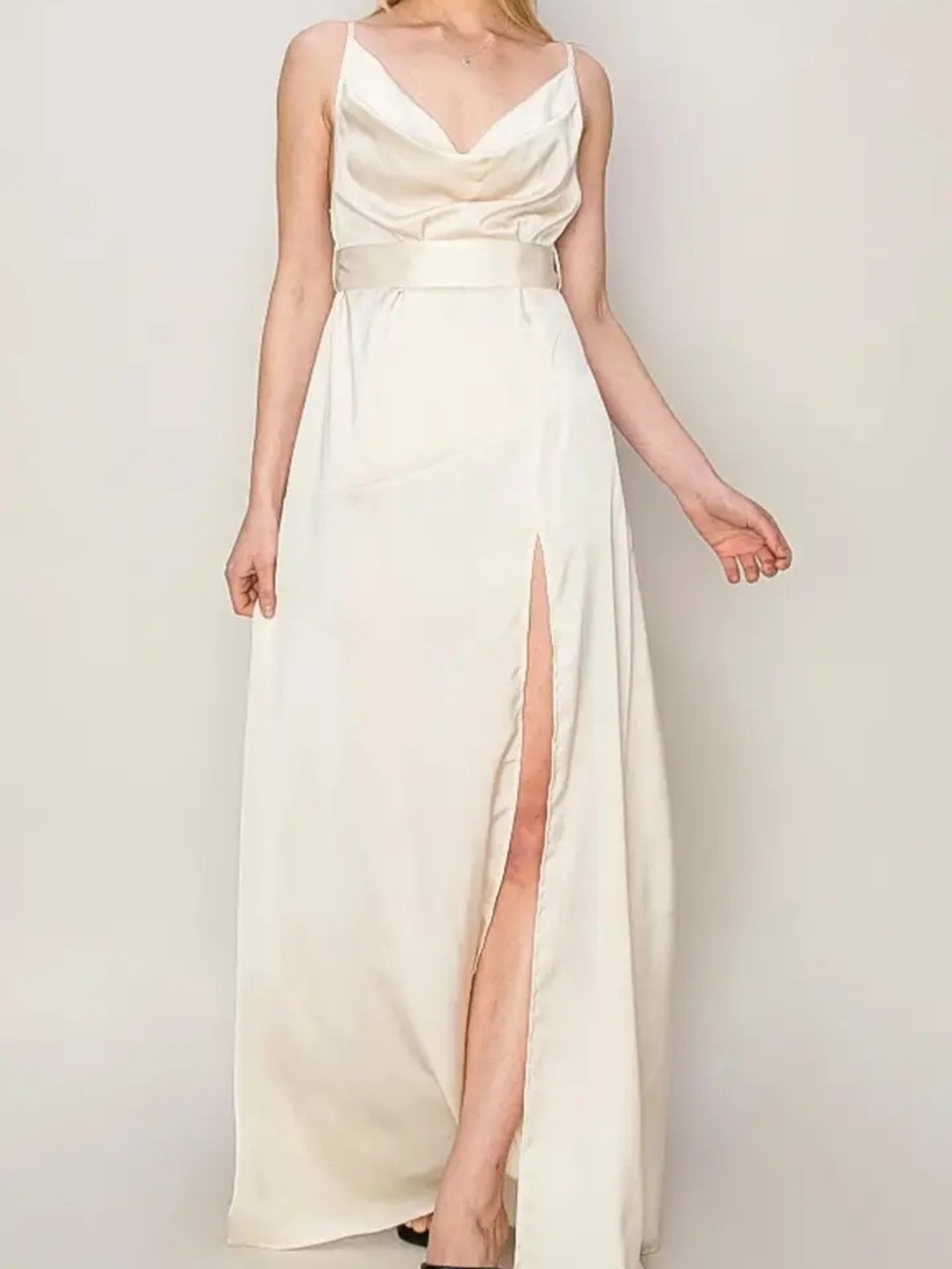 HYFVE Ivory Satin Cowl Neck Maxi Dress with Thigh Slit